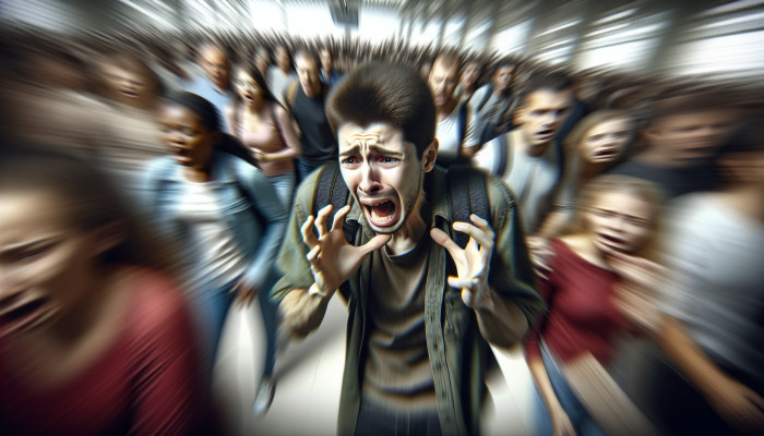 Managing Panic Attacks With Acupuncture: A person in a crowded place experiencing a sudden panic attack, showing intense fear and distress.
