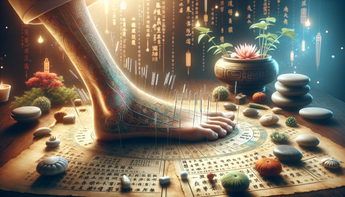 Managing Ankle Pain with Acupuncture: A serene acupuncture session in a traditional Chinese setting, focusing on ankle pain relief.