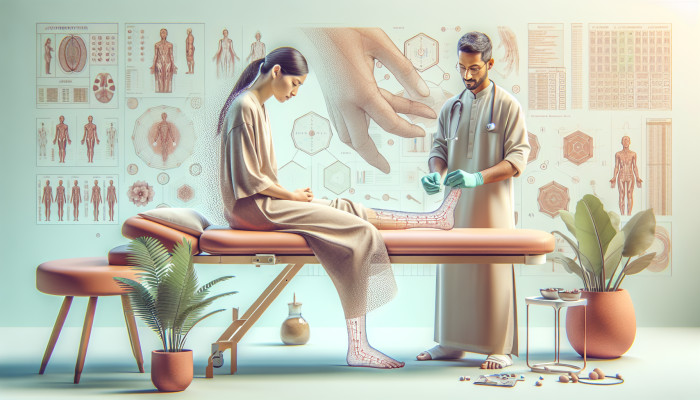 A serene UK acupuncture clinic with a BAcC-certified practitioner treating ankle pain, showcasing safety and professionalism.