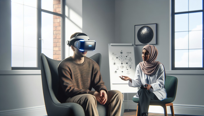 Virtual Reality for Anxiety Relief: Person using VR headset in a UK clinic, managing anxiety with therapist's guidance.