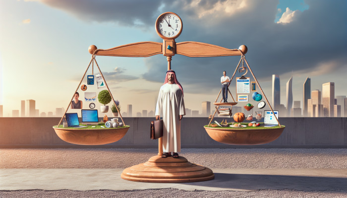Work-Life Balance for Men: A man balancing work and personal life on a scale, with office elements on one side and family, hobbies, and self-care on the other, in a serene environment.