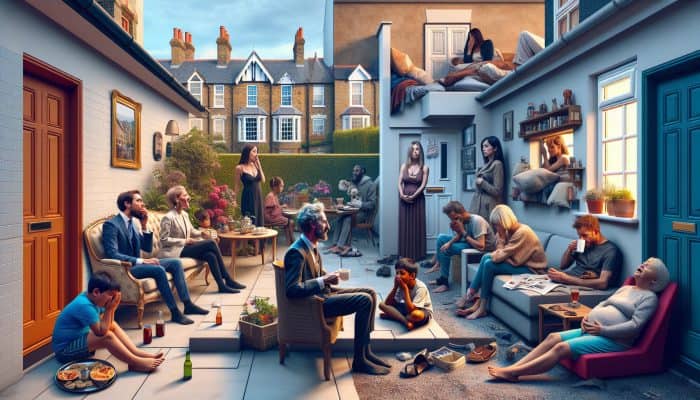 Key Factors Affecting Mental Wellness: Affluent UK homes contrasted with impoverished, cramped housing showing stress and despair among the poor.