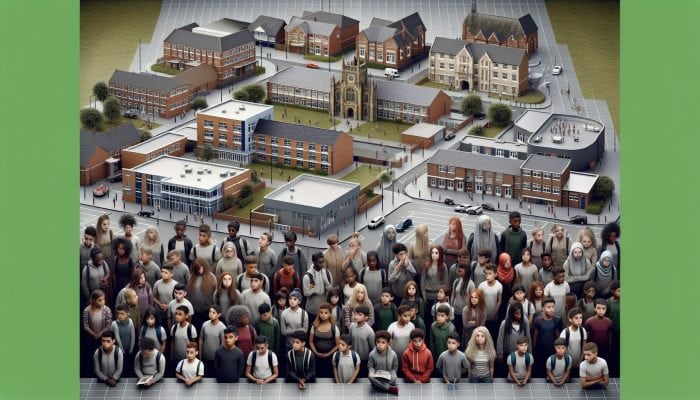 Diverse UK students from disadvantaged backgrounds showing varied emotions in front of contrasting school buildings.