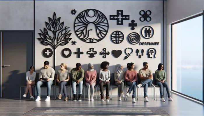 Diverse group waiting in NHS clinic, some anxious, others hopeful, with mental health service posters.