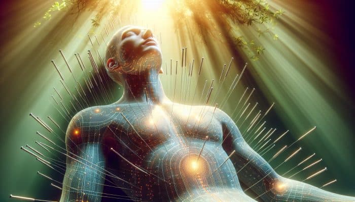 Person feeling revitalized post-acupuncture, needles enhancing blood flow and hormone production in a serene environment.
