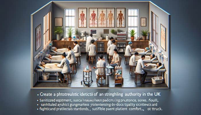 Illustration of a UK acupuncture clinic with practitioners following health authority guidelines, ensuring safety and high-quality care.
