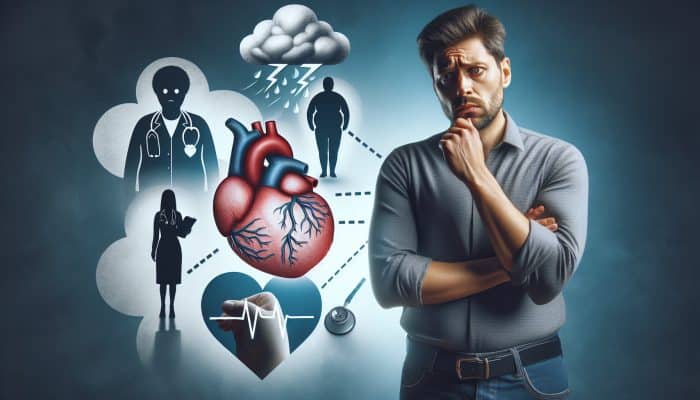 Men’s Health and Virtual Coaching: A concerned middle-aged man surrounded by symbols of heart disease, mental health issues, and obesity, with healthcare professionals in the background.