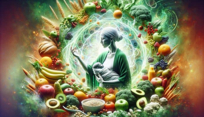 Nutrition for Postpartum Recovery: A new mother with an array of whole foods, representing a nutrient-rich postpartum diet for recovery and energy.