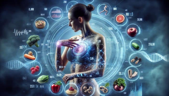 Women’s Health and Biohacking: A UK woman using digital tools to track health metrics, surrounded by nutrition and exercise symbols, embodying biohacking for well-being.
