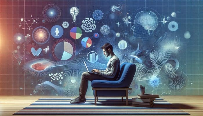Affordable Online Therapy Options: Person at home engaging in video therapy session on laptop, surrounded by calming imagery.
