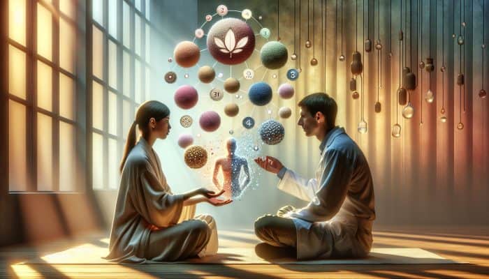 How to Prepare for Acupuncture: Patient handing medical history, test results, and medication list to acupuncturist in serene room.