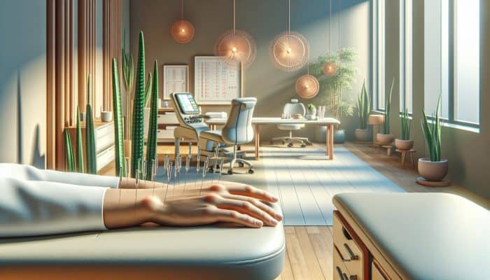 Wrist-Ankle Acupuncture for Pain: A patient receiving wrist-ankle acupuncture for chronic pain in a serene UK clinic.