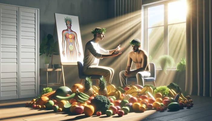 A wellness coach guiding a person towards a healthier diet in a peaceful, sunlit room.