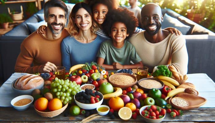 A UK family enjoying a Mediterranean meal with fruits, vegetables, grains, fish, and olive oil.