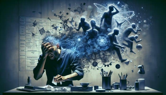 Managing OCD Naturally: A person with OCD, distressed, washing hands and checking locks amidst clutter, with shadowy figures representing intrusive thoughts.