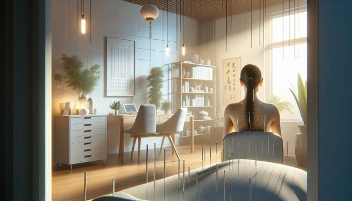 Acupuncture for Appetite Regulation: A serene acupuncture session in a modern UK clinic, focusing on appetite control with traditional Chinese elements.
