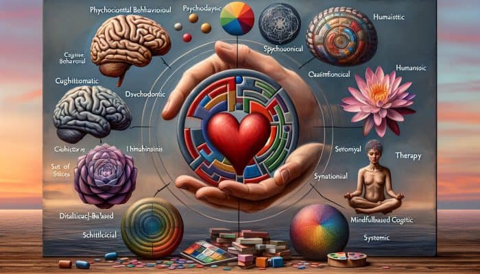 How to Talk About Therapy: A diverse array of UK therapy types including CBT, psychodynamic, humanistic, DBT, IPT, MBCT, systemic, and art therapy.