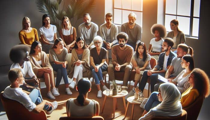 A diverse group discussing therapy in a cozy, well-lit room with a professional therapist guiding the conversation.