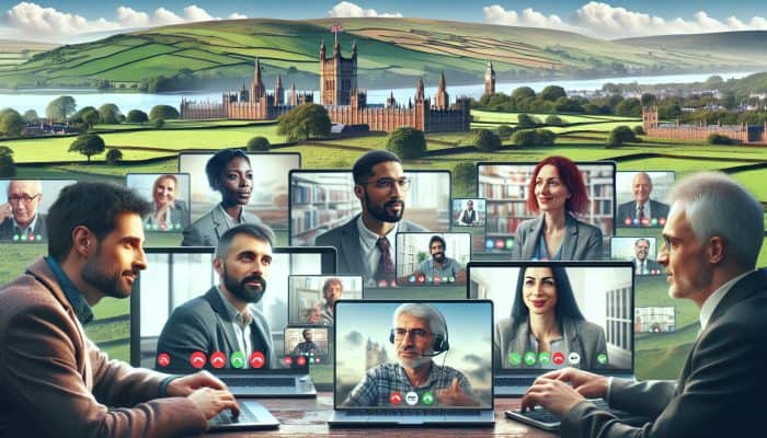 Mental Health for Remote Workers: Diverse UK workers collaborating remotely with laptops and video calls, iconic British landscapes in background.