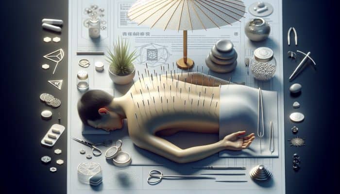 Acupuncture Insurance Coverage Guide: A serene acupuncture session with needles on a patient's back, surrounded by insurance symbols like policy documents and a protective shield.