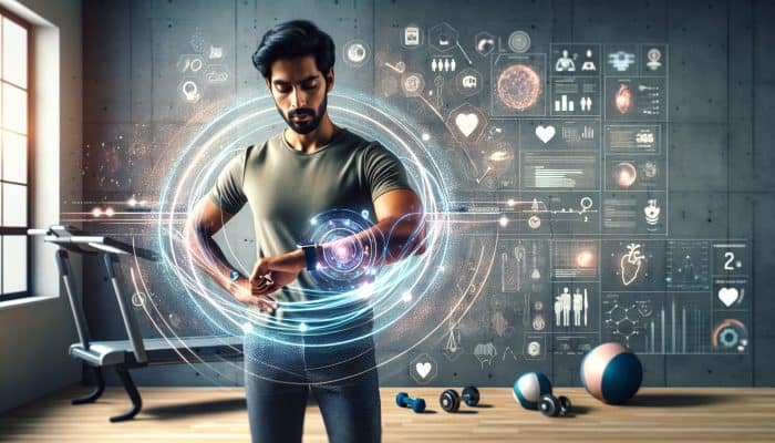 A man using a smartwatch with AI to monitor health in real-time, in a tech-savvy setting.