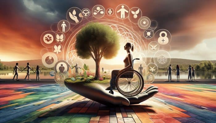 Wellness for Women with Disabilities: A woman with a disability in a serene, inclusive community, surrounded by symbols of holistic well-being.