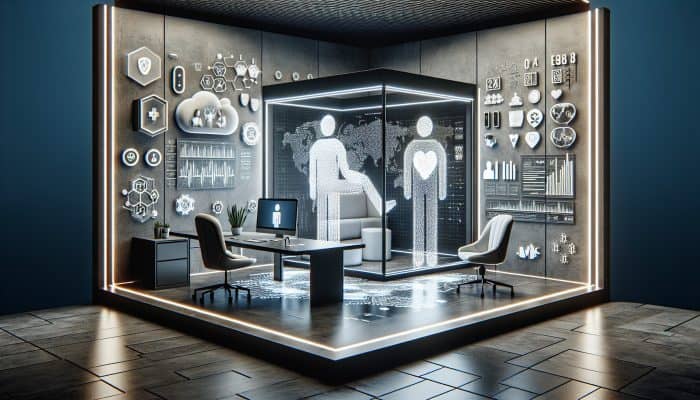 Telehealth for Men’s Wellness: A futuristic home office setup with a large screen showing a doctor-patient video consultation, surrounded by digital health devices and mobile apps, improving remote healthcare access.