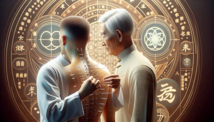 Acupuncture for Veterans’ Benefits: Elderly Chinese man inserting acupuncture needles into veteran's back, surrounded by traditional medicine symbols.