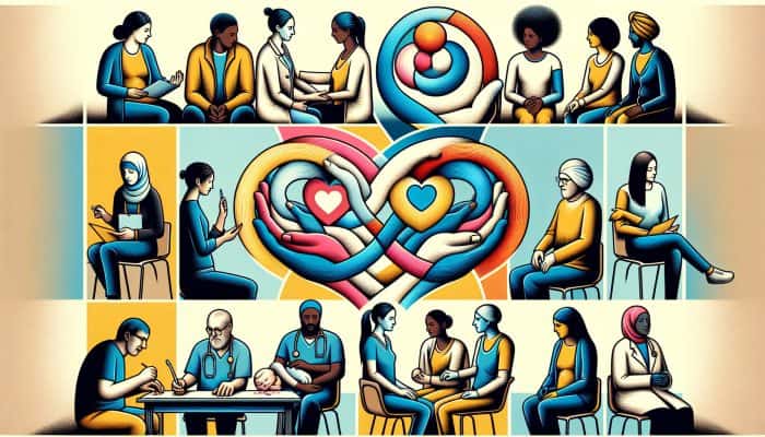 Mental Health for Minority Communities: Diverse group receiving personalized mental health support from NHS, with cultural symbols of unity and care.