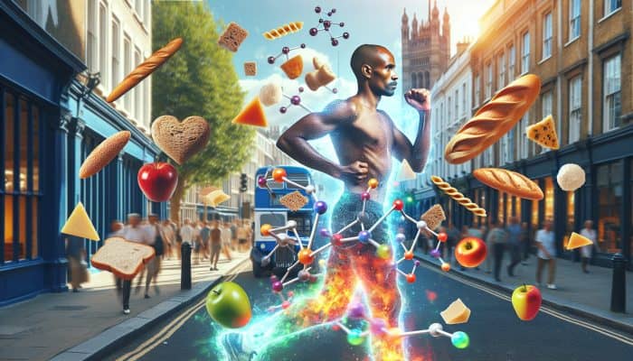 Nutrition for Energy Metabolism: A person walking energetically in a UK city, surrounded by transforming carbohydrate foods into glowing glucose.