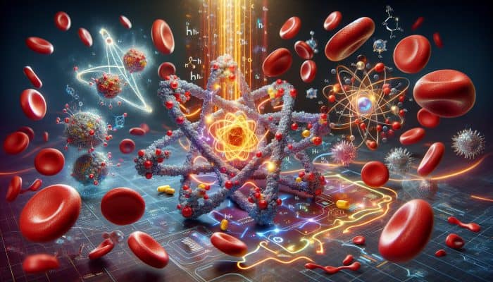 Illustration of iron and magnesium atoms with energy pathways and red blood cells, symbolizing energy production and oxygen transport.