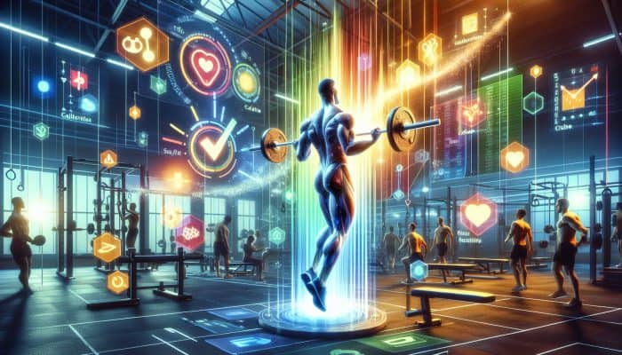 How to Build Muscle Mass: A person lifting weights in a gym, with calorie counters and muscle growth progress bar visible.