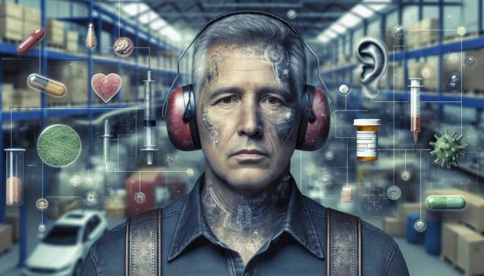 Preventing Hearing Loss in Men: Middle-aged man in noisy industrial setting with ear protection, aging signs, medical symbols, and medication bottles.