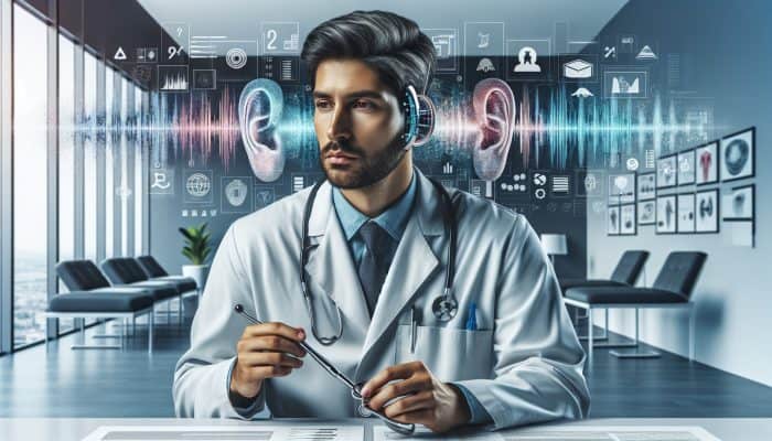 A male audiologist testing hearing with advanced equipment in a modern clinic, surrounded by prevention posters.