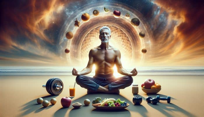 Elderly man practicing yoga at sunrise on a beach, surrounded by weights and healthy foods, symbolizing holistic health.