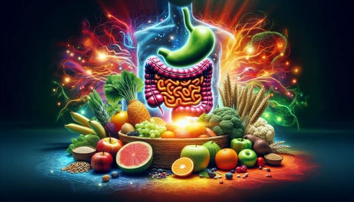 Fiber for Digestive Wellness: Illustration of fiber-rich foods and a glowing digestive system, symbolizing health and vitality.