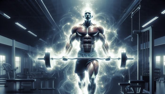How Hormones Affect Men’s Health: A muscular man lifting weights with a glowing aura, symbolizing high testosterone levels.