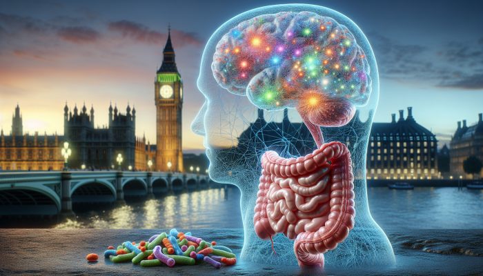 Colorful gut bacteria thriving in UK intestines, linked to a glowing brain via neural pathways, symbolizing anxiety and depression research against Big Ben at dusk.